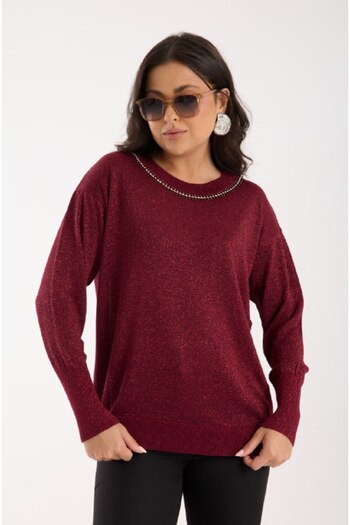 Coşkun GİYİM Women's Vortex Viscose Yarn Stone Detailed Crew Neck Silvery Sweater Bordo 7089