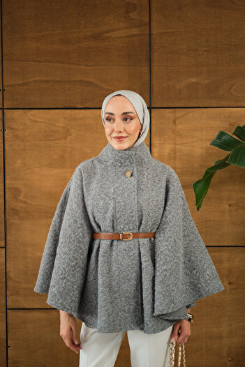 LOCCO Women's Belt Detailed Poncho Gray