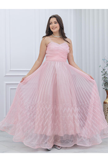 TREN Pink Strapless Pleated Tulle Evening Gown Maxi Prom Dress Formal Bridesmaid Wedding