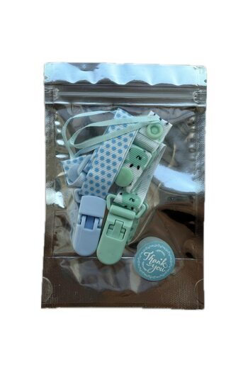 OEM 2-piece fabric pacifier chain set with food-grade plastic clips, BPA-free