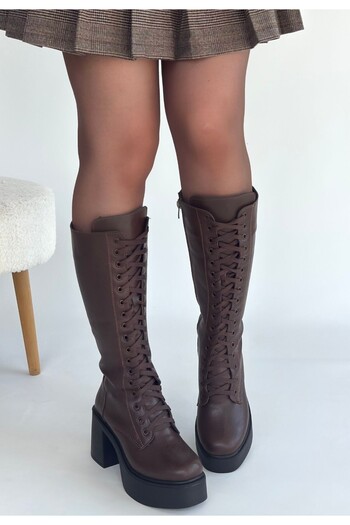 BESKAR Guay Brown Leather Lace-Up Heeled Boots
