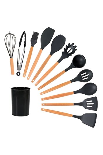 OEM Set 12 durable silicone kitchen utensils with wooden handle, Black, Anais Tailor