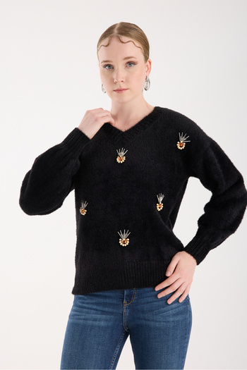 Moda Days Women's Black Beard Yarn Front Accessory Balloon Sleeve V-Neck Knitwear Sweater