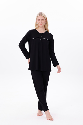 Mio Vero Women's Black Ribbed Long Sleeve Cotton Plus Size (Oversized) Pajama Set