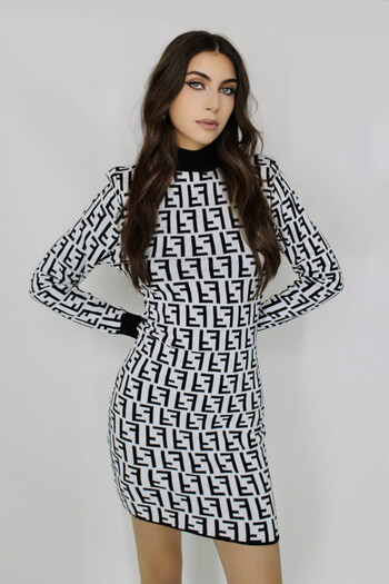 FashionForYou Malina bandage dress, with high collar, long sleeves and office prints, White, One Size S/M