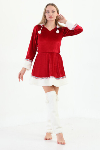 FashionForYou Christmas dress set made of velvet and fur, Sparkle, hood, faux fur leggings and tassels, XL