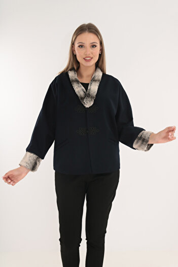 Vanessa Line RO Navy wool jacket with gray fur trim