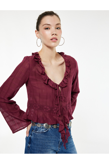 Koton Ruffled Collar Long Sleeve Lace-Up Plaid Blouse with Lace Detail