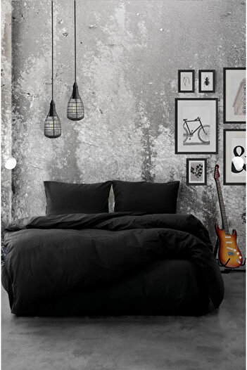 İsmail Gürel Ranforce Double Duvet Cover Set with Elastic Sheets Simple Black