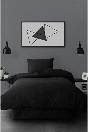 İsmail Gürel Ranforce Single Duvet Cover Set with Elastic Sheets Simple Black