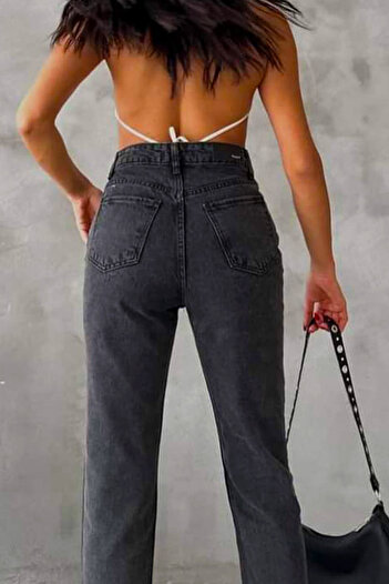 FashionForYou Colombo slimfit mom jeans, with perforations at the bottom of the leg, Anthracite black, 34