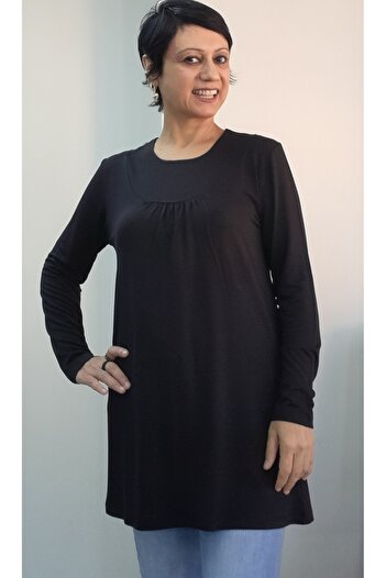 Mertcan Butik Black Front-Strap Round-Neck Long-Sleeved Combed Viscose T-Shirt
