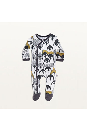 LC Waikiki Pingu Baby Romper 100% Organic Cotton Combed Printed Anthracite