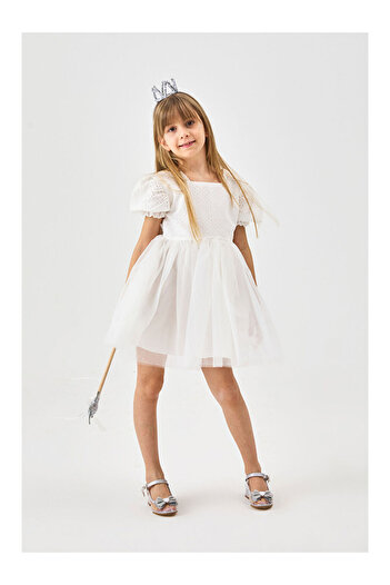 LC Waikiki Girls' Dress with Short Sleeves and Tulle Skirt - Marcia