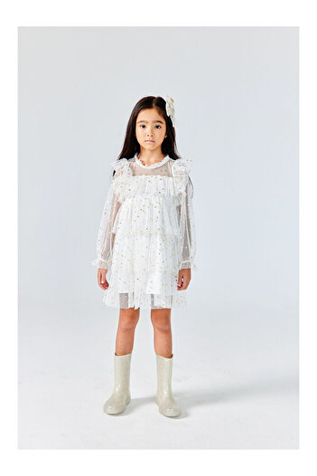 LC Waikiki Ecru Star Patterned Layered Girl's Dress - Felicia