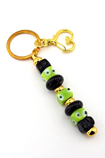 Solfera Green Black Murano Glass Evil Eye Beaded Bag Ornament Heart Charm Keychain Ky058