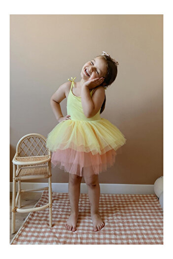 LC Waikiki Girl's Ballerina Dress with Yellow Tutu Skirt and Straps - Jade