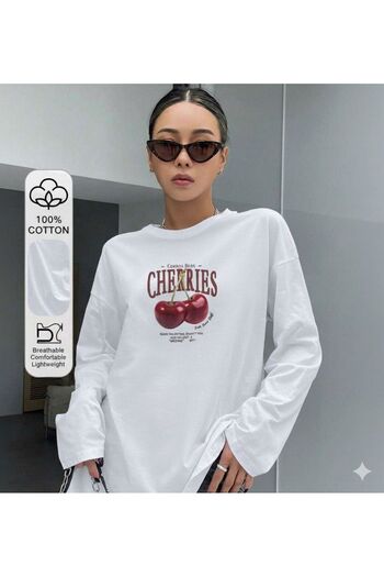 Machetta Women's Cherries Printed Long Sleeve T-Shirt
