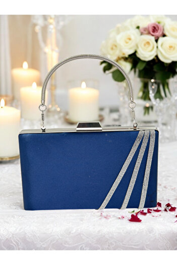 Biçanta Navy Blue Color Satin Cross Silver Crystal Stone Women's Evening Dress Bag Wedding Engagement Graduation