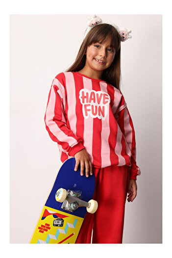 LC Waikiki Red Have Fun Printed Striped Girls' Tracksuit - Phoebe