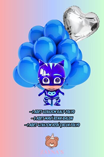 Zayna's Pijamaskeliler Themed Cat Child Printed Character Foil Balloon Set with Hearts