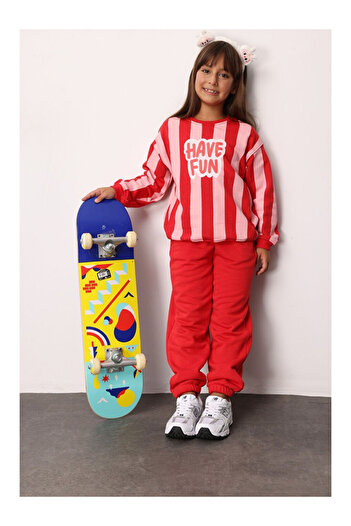 LC Waikiki Red Have Fun Printed Striped Girls' Tracksuit - Phoebe