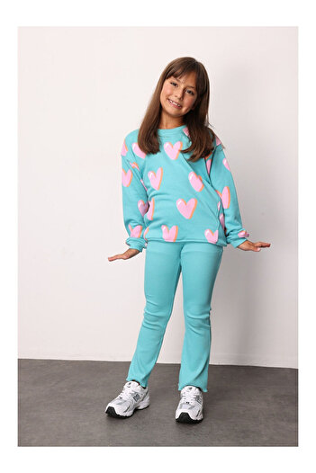 LC Waikiki Mint Heart Printed Girls' Tracksuit - Bonnie