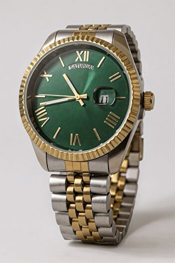 Eyiser Store Men's Steel Wristwatch - Emerald Green Roman Dial, Dual Calendar, Gold and Silver Band - Special Boxed
