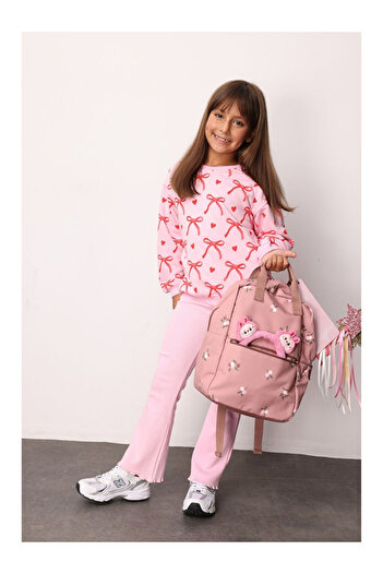 LC Waikiki Pink Bow Printed Girls' Tracksuit - Bonnie