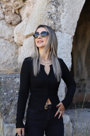 bytugcekaya Black Button Detailed Gathered Blouse
