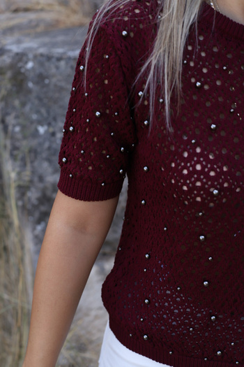bytugcekaya Burgundy Standard Size Pearlescent Openwork Sweater