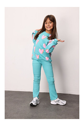 LC Waikiki Mint Heart Printed Girls' Tracksuit - Bonnie