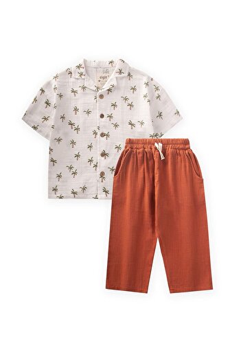 LC Waikiki Palm Tree Patterned Shirt 2-10 Years Old Ecru