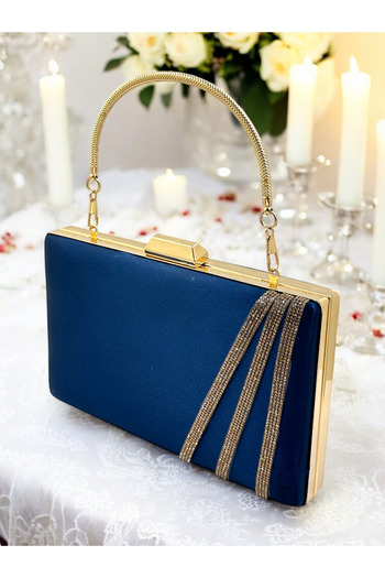 Biçanta Navy Blue Color Satin Cross Rosegold Crystal Stone Women Evening Dress Bag Wedding Engagement Graduation