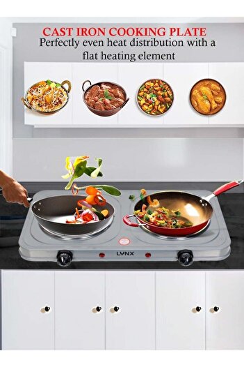 LYNX Double Hot Plate with Overheat Protection, Cast Iron Portable Electric Cooker, Temperature Cont