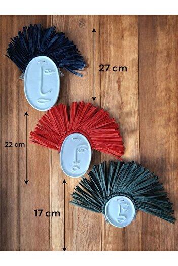 Momiko Abstract Face 3-Piece Colored Concrete Wall Ornament, Colored Natural Raffia, Rainbow