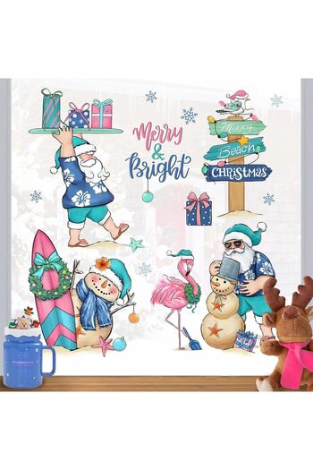 Al Raied ARS® Merry Beach Christmas Window Clings 4 Sheets, Tropical Xmas Santa Snowman Coastal Stickers Dec