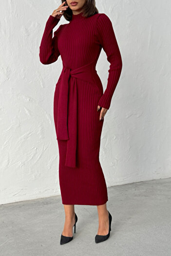 Lusin Women's Burgundy Stylish Tie Detail Midi Knit Dress
