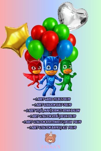 Zayna's Pijamaskeliler Foil Balloon Set of 3 Character Printed Foil Balloons with Stars and Hearts