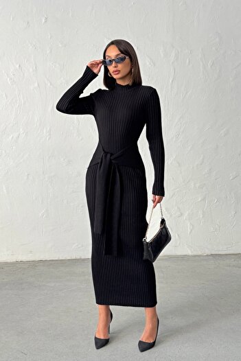 Lusin Women's Black Stylish Lace-Up Detailed Midi Knit Dress