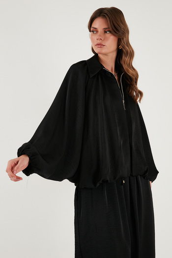 Lela Oversize Klasik Yaka Yarasa Kol Fermuarlı Saten Ceket CEKET 6839584