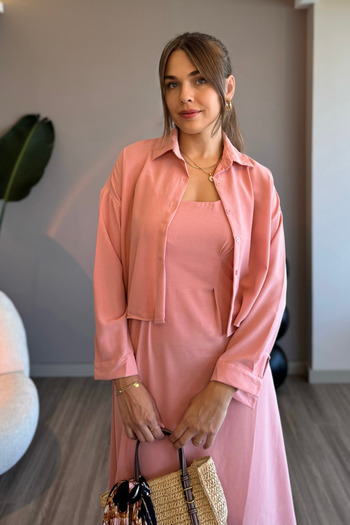 Aventien Pink Shirt Dress Two-Piece Set