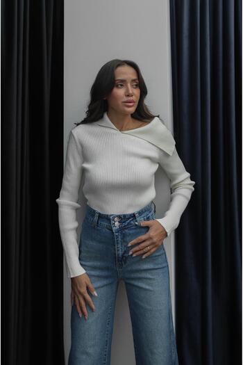 Havoş Ecru Asymmetrical Collar Wool Blend Sweater