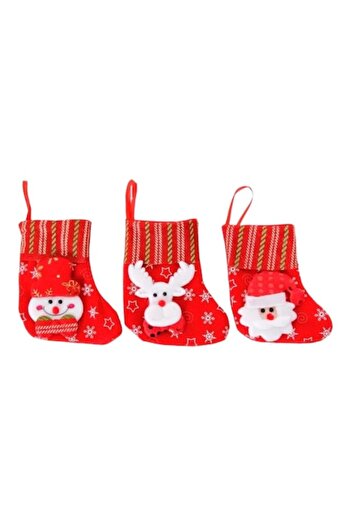 OEM Set 3 Christmas Stockings, 3D Model with Santa Claus, Reindeer, Snowman, Felt, 15 cm, Red