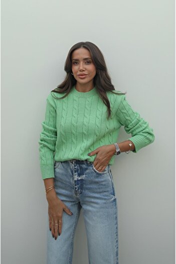 Havoş Light Green Hair Braided Knitwear Sweater