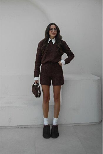 Havoş Bitter Brown Shirt Collar Sweater Shorts Set