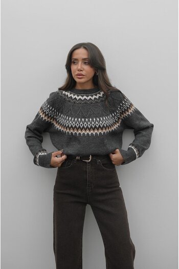 Havoş Anthracite Lopapeysa Patterned Sweater