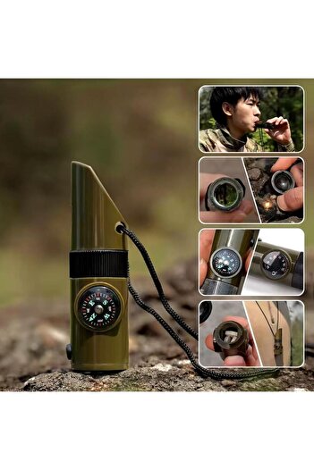 OLLEVRA 7-in-1 Emergency Whistle Flashlight Thermometer Compass Magnifier Camper Whistle with Storage Compartment