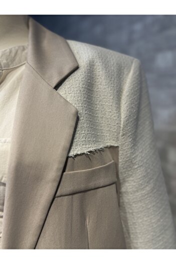 Maison MeDa Kadın krem keten tüvit mix blazer ceket