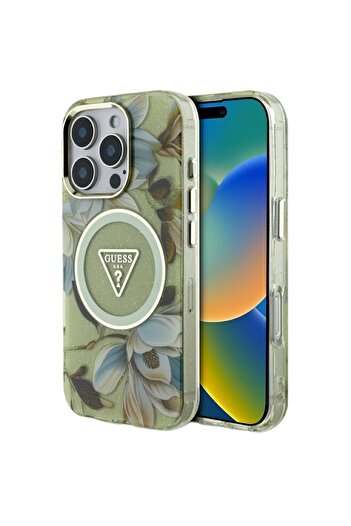 Guess Glitter Flowers Triangle Buttons MagSafe iPhone 16 Pro Max Case Green